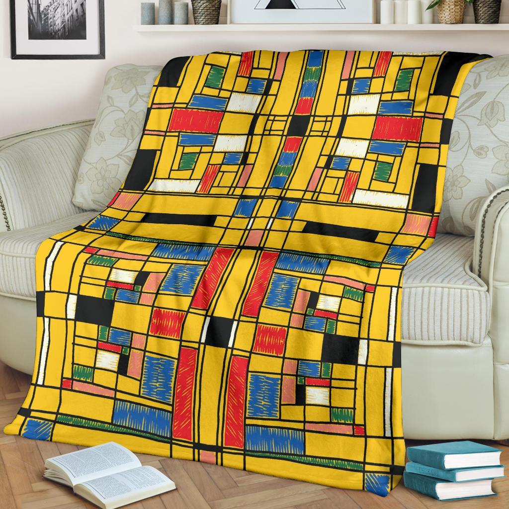 Yellow Mondrian Pattern Print Blanket-grizzshop
