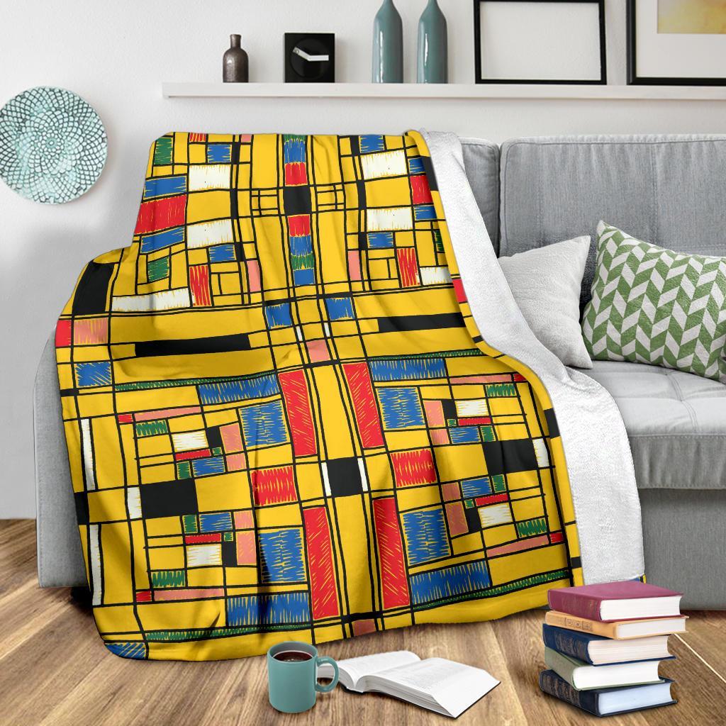 Yellow Mondrian Pattern Print Blanket-grizzshop