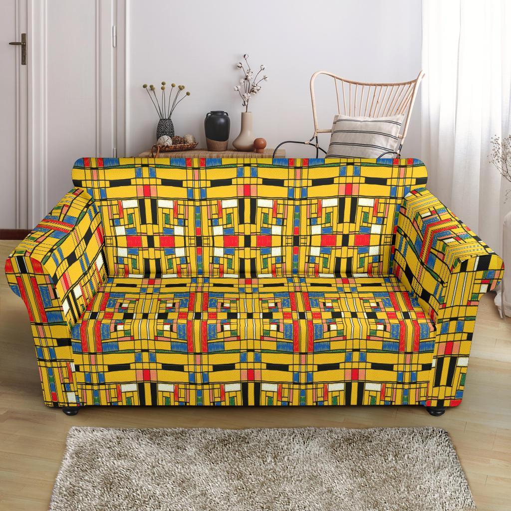 Yellow Mondrian Pattern Print Loveseat Cover-grizzshop