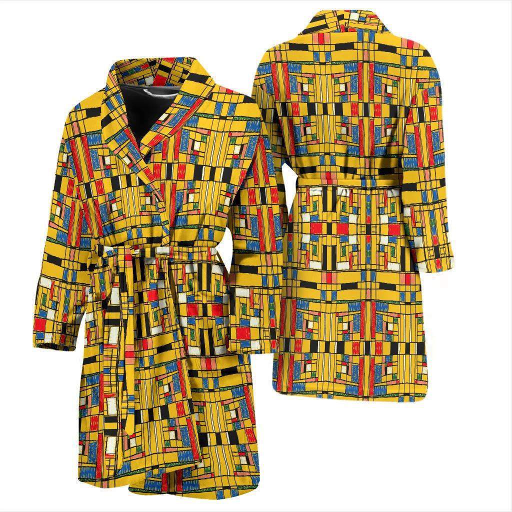 Yellow Mondrian Pattern Print Men Long Robe-grizzshop
