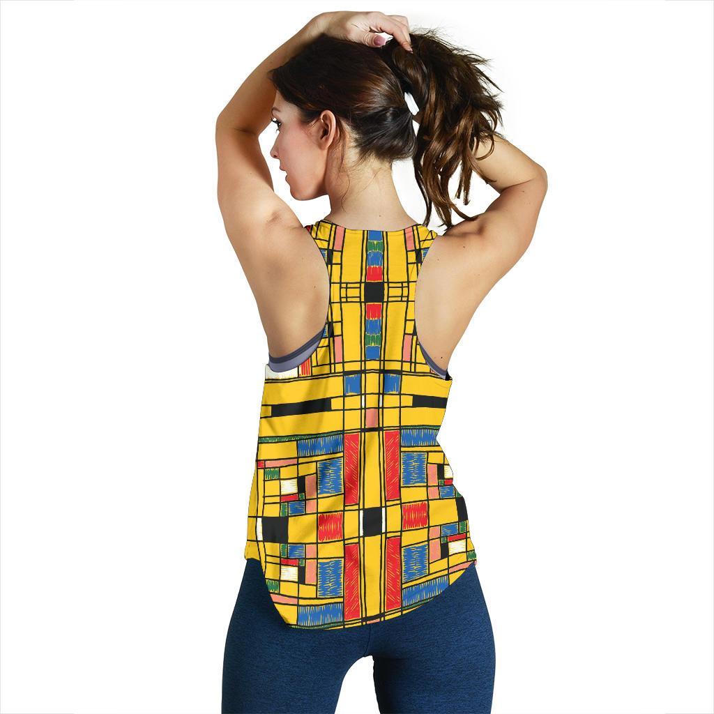 Yellow Mondrian Pattern Print Racerback Tank Tops-grizzshop
