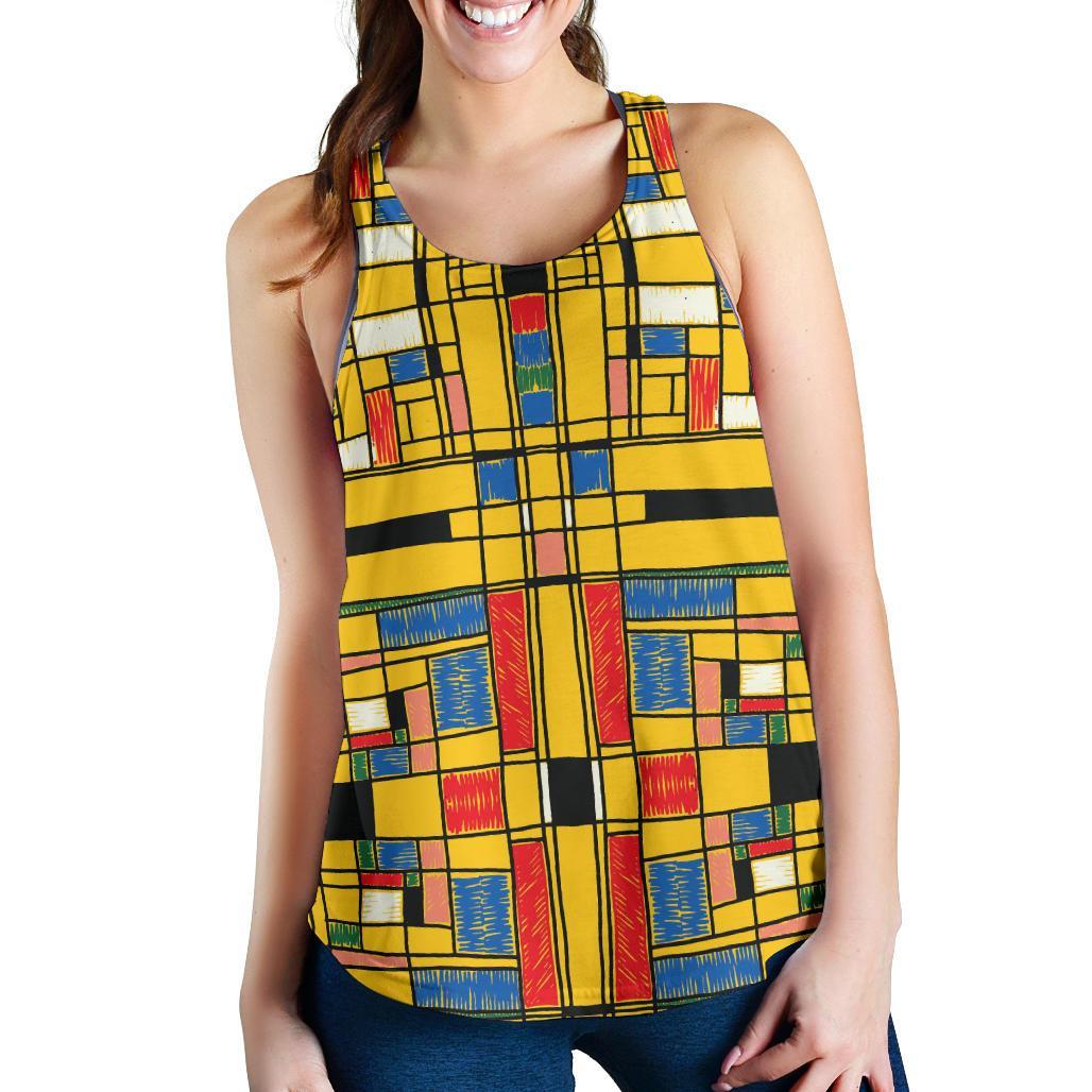 Yellow Mondrian Pattern Print Racerback Tank Tops-grizzshop