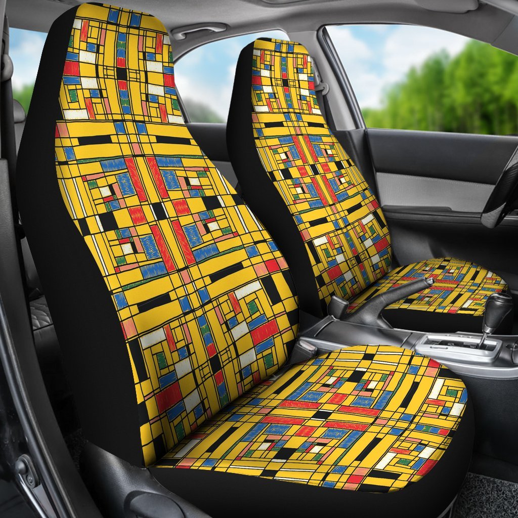 Yellow Mondrian Pattern Print Universal Fit Car Seat Cover-grizzshop