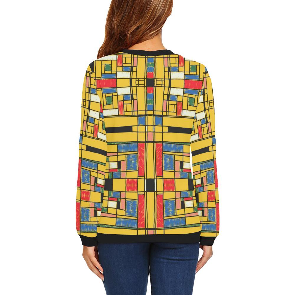 Yellow Mondrian Pattern Print Women Crewneck Sweatshirt-grizzshop