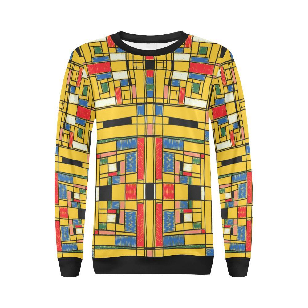 Yellow Mondrian Pattern Print Women Crewneck Sweatshirt-grizzshop