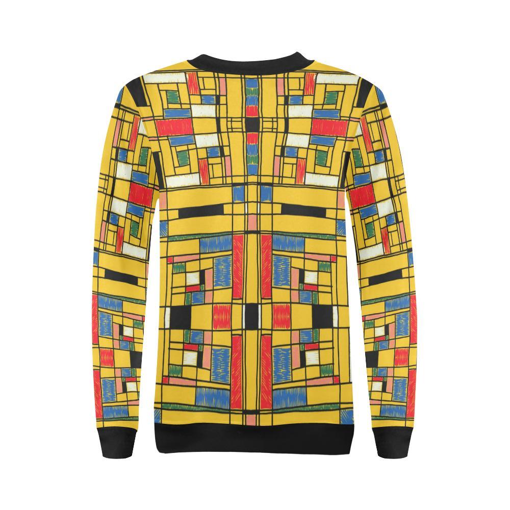 Yellow Mondrian Pattern Print Women Crewneck Sweatshirt-grizzshop