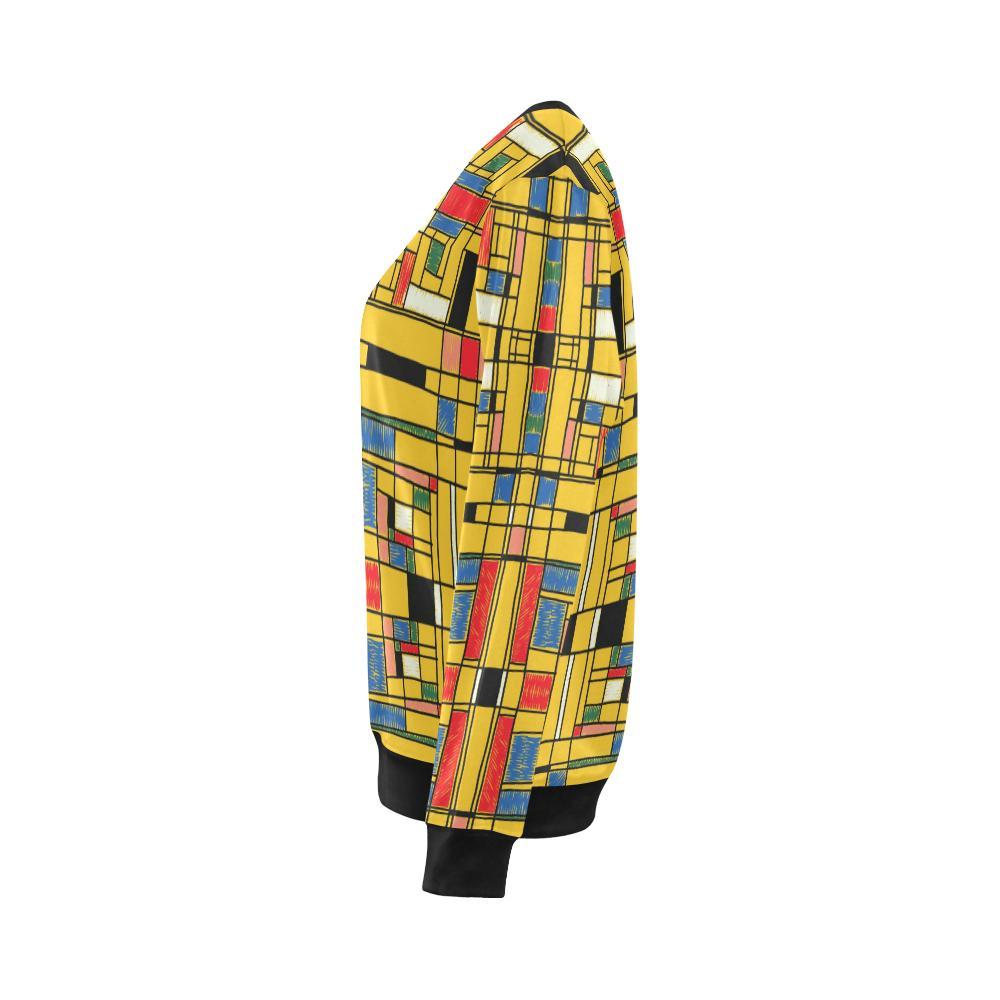 Yellow Mondrian Pattern Print Women Crewneck Sweatshirt-grizzshop