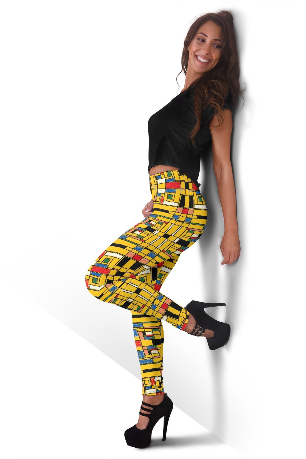 Yellow Mondrian Pattern Print Women Leggings-grizzshop