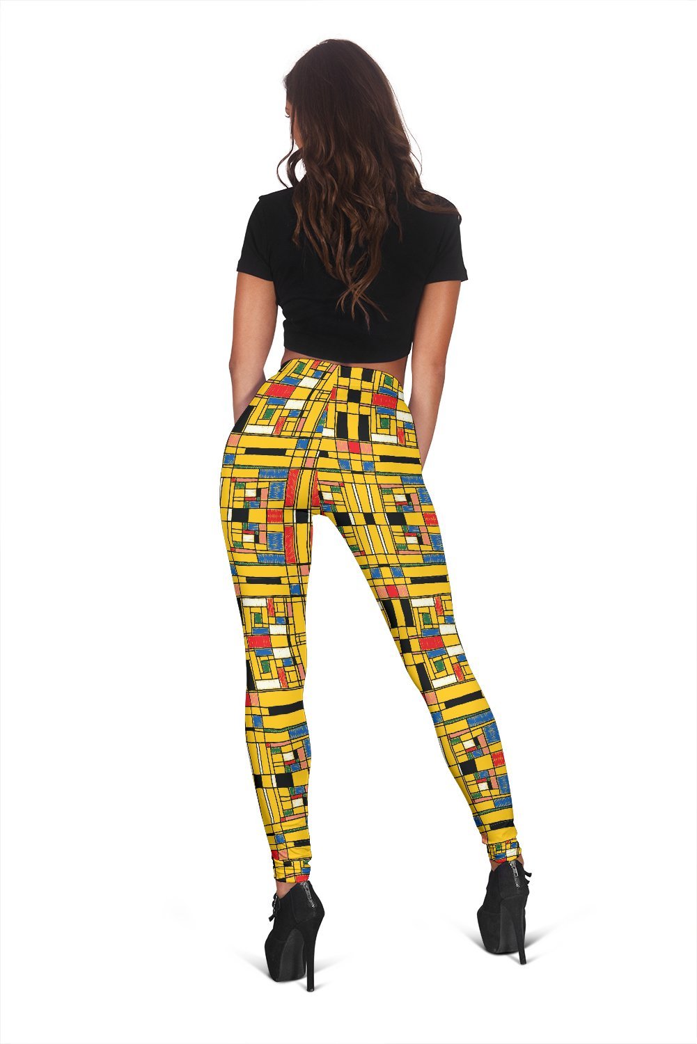 Yellow Mondrian Pattern Print Women Leggings-grizzshop