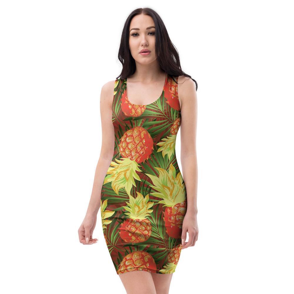 Yellow Neon Pineapple Hawaiian Print Bodycon Dress-grizzshop