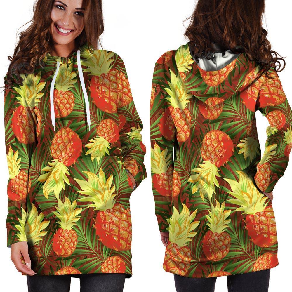 Yellow Neon Pineapple Hawaiian Print Hoodie Dress-grizzshop