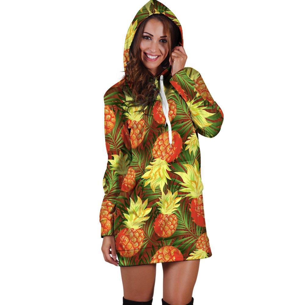 Yellow Neon Pineapple Hawaiian Print Hoodie Dress-grizzshop