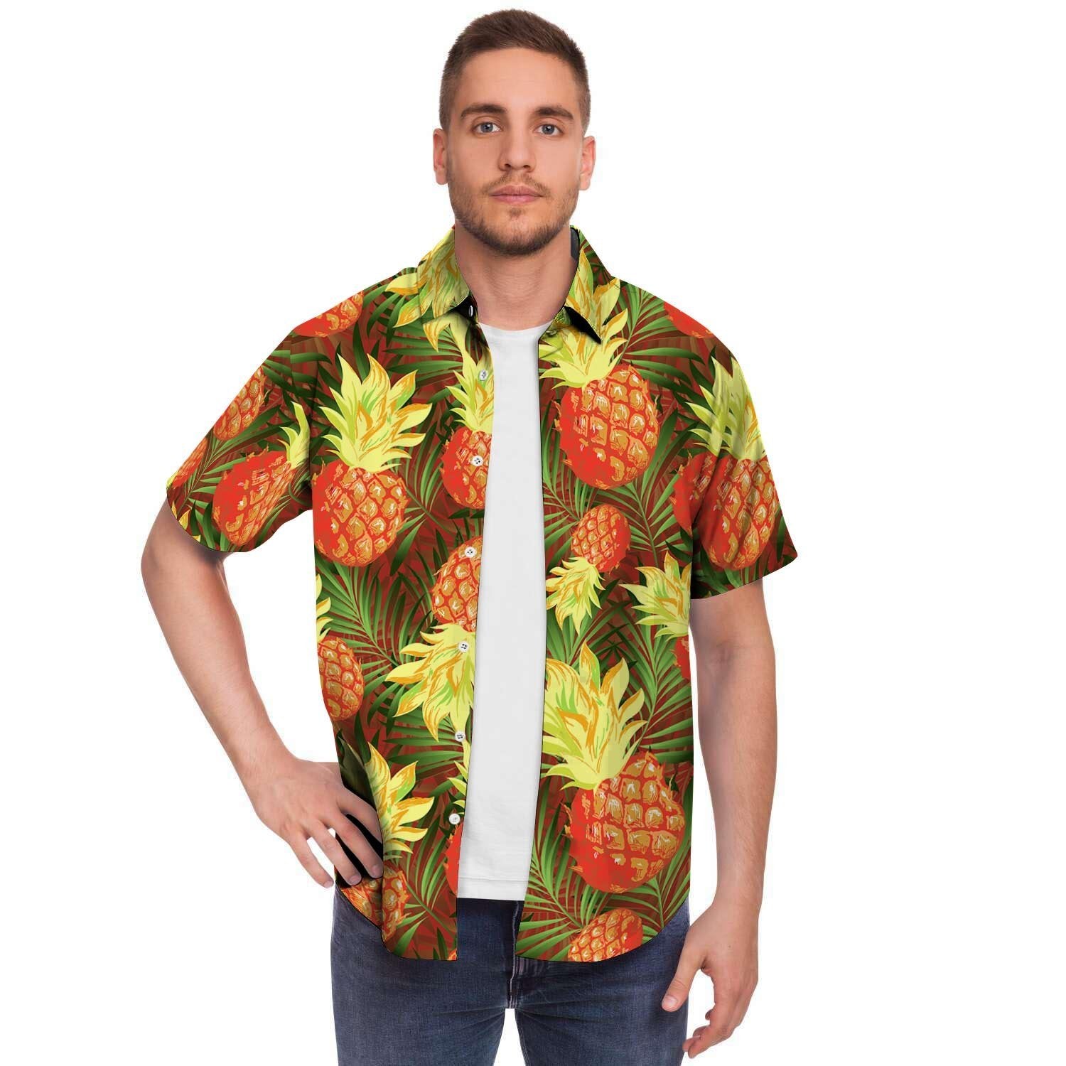 Yellow Neon Pineapple Hawaiian Print Men's Short Sleeve Shirt-grizzshop