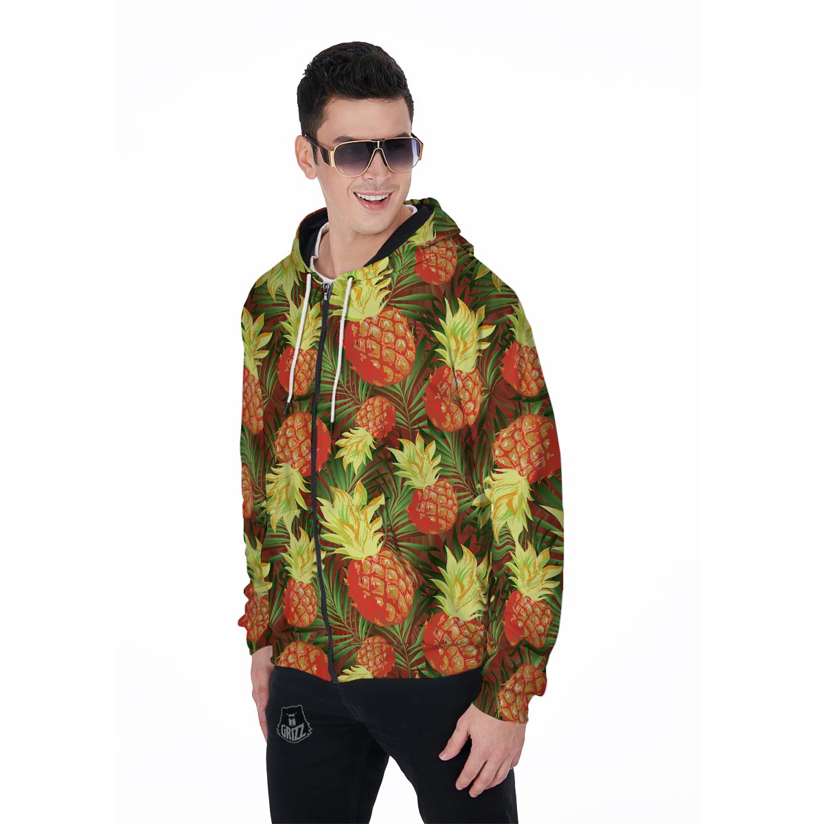 Yellow Neon Pineapple Hawaiian Print Men's Zip Up Hoodie-grizzshop