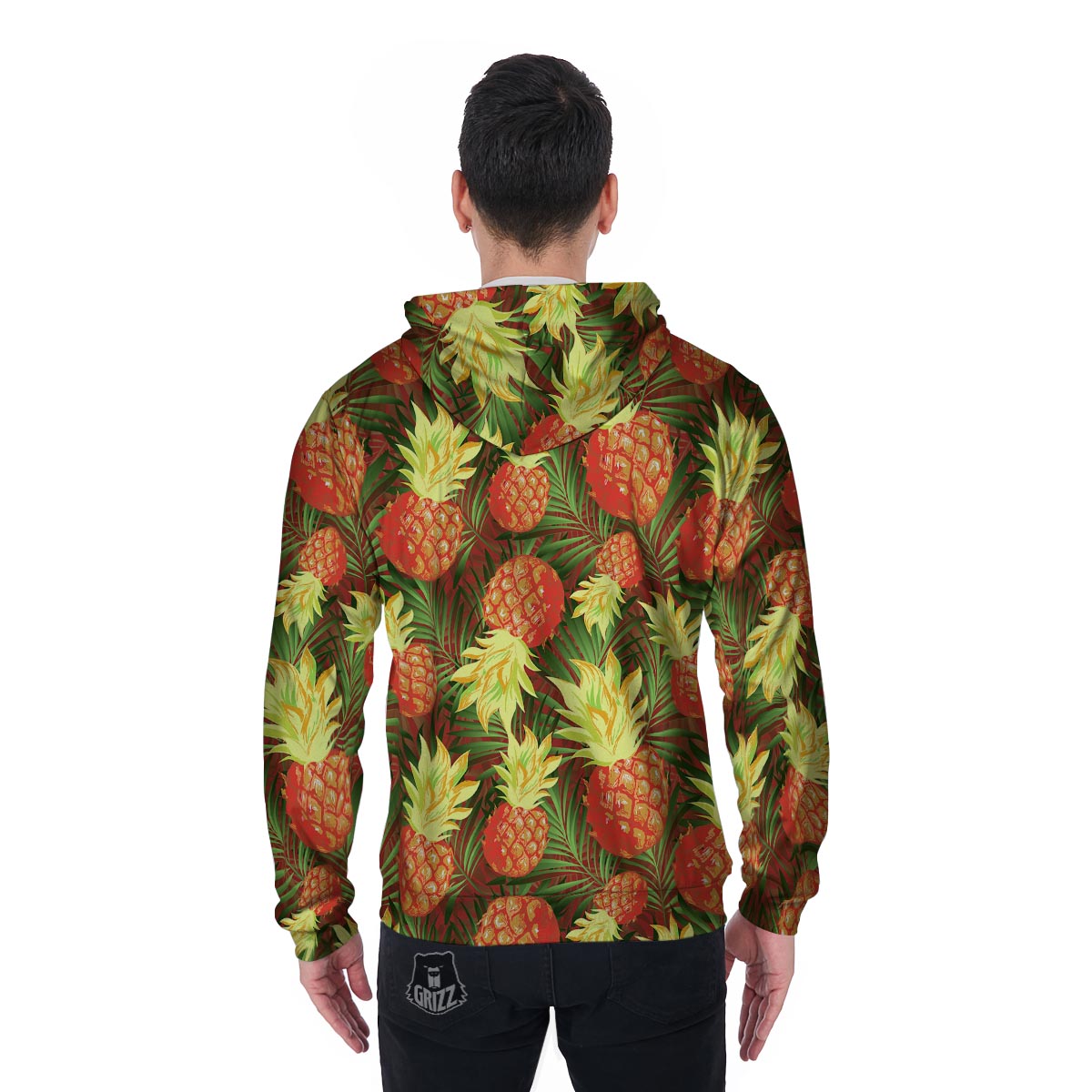 Yellow Neon Pineapple Hawaiian Print Men's Zip Up Hoodie-grizzshop