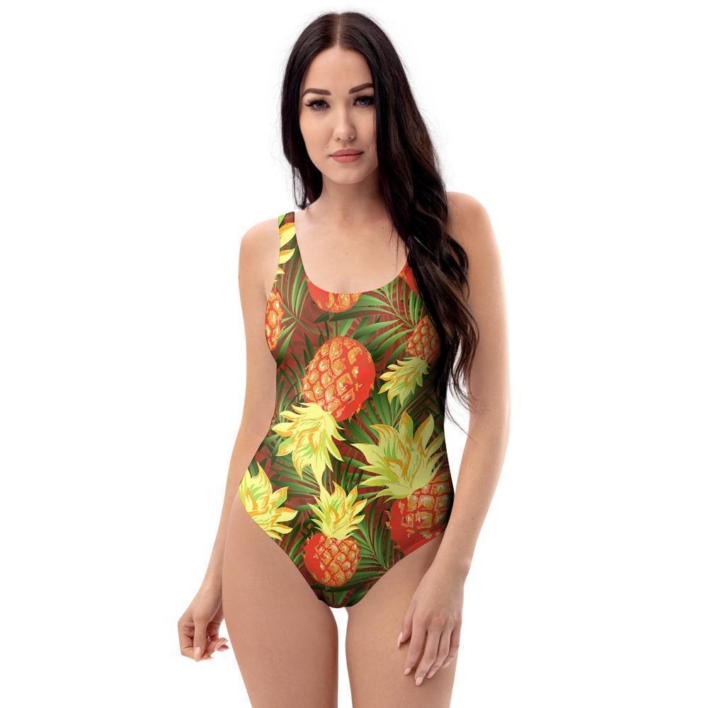 Yellow Neon Pineapple Hawaiian Print One Piece Swimsuite-grizzshop