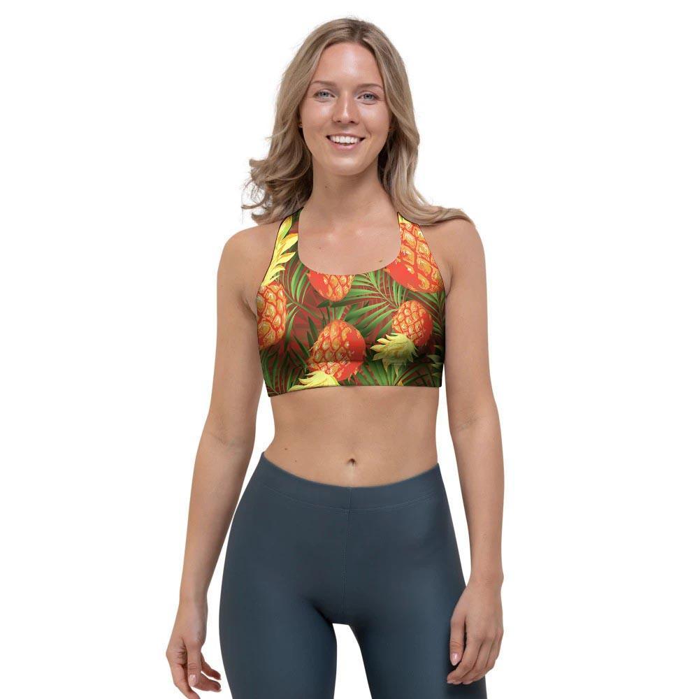 Yellow Neon Pineapple Hawaiian Print Sports Bra-grizzshop