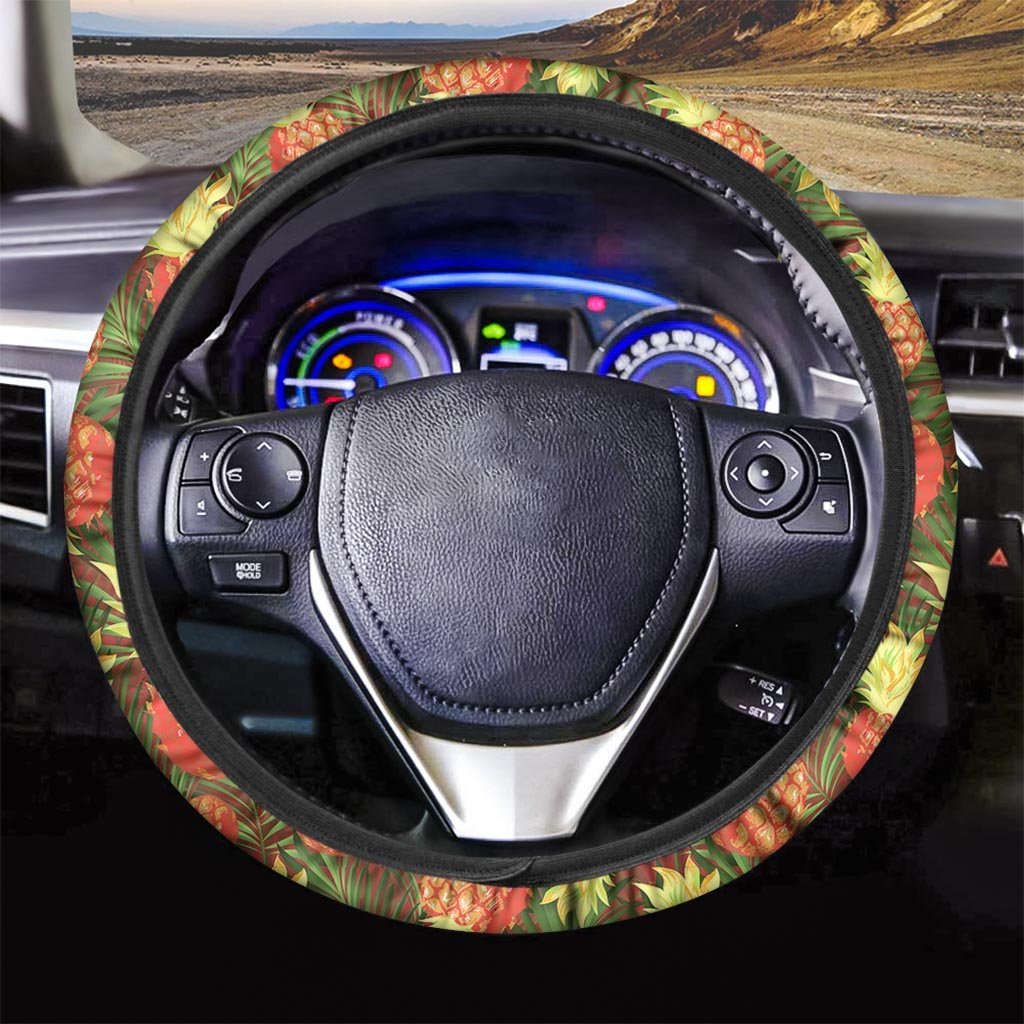 Yellow Neon Pineapple Hawaiian Print Steering Wheel Cover-grizzshop