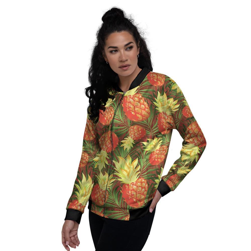 Yellow Neon Pineapple Hawaiian Print Women's Bomber Jacket-grizzshop