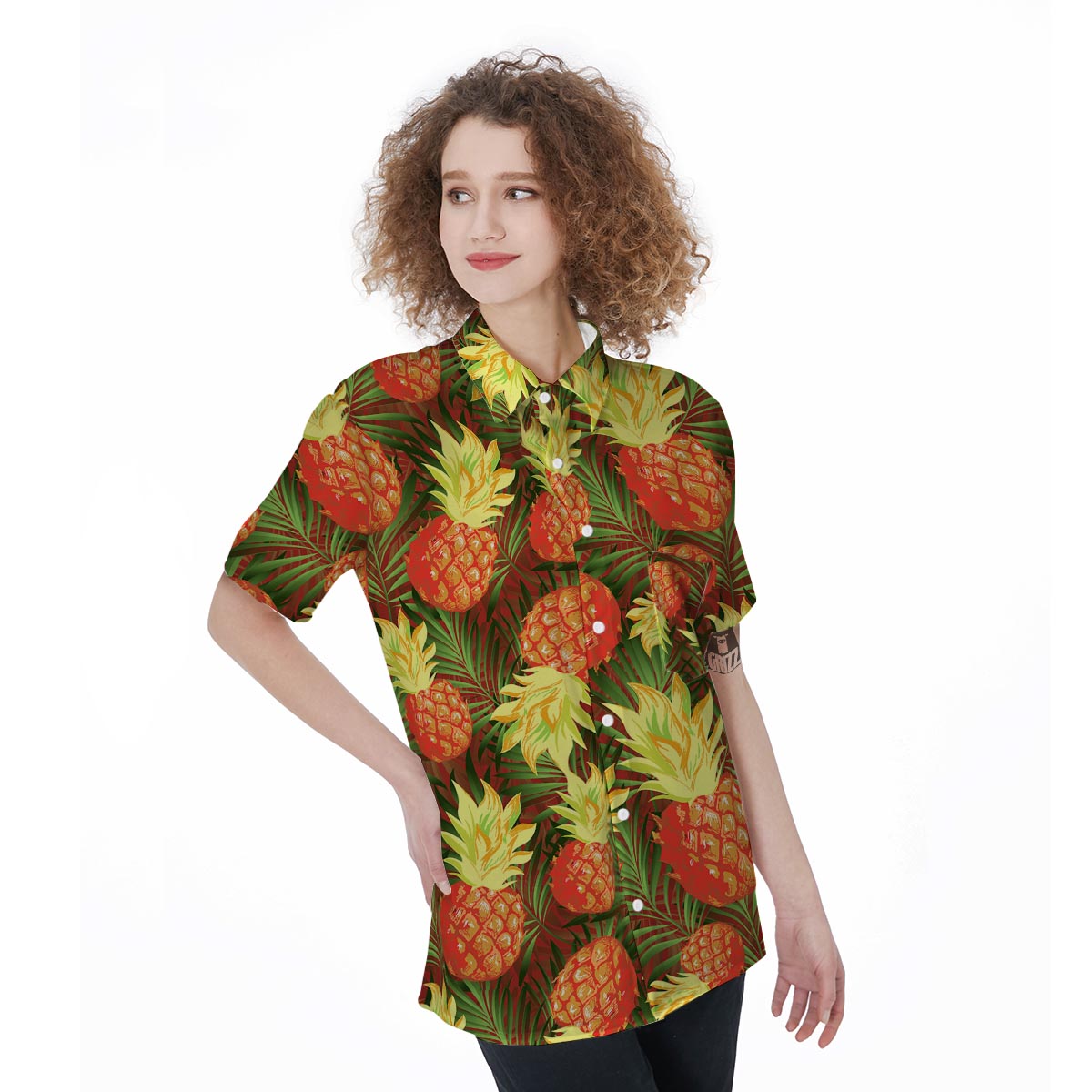 Yellow Neon Pineapple Hawaiian Print Women's Short Sleeve Shirts-grizzshop