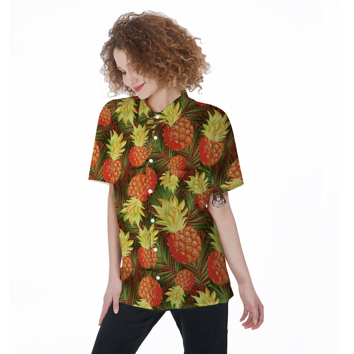 Yellow Neon Pineapple Hawaiian Print Women's Short Sleeve Shirts-grizzshop