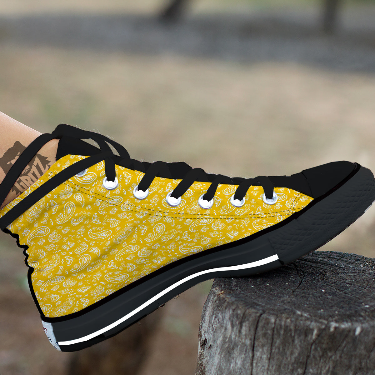 Yellow Paisley Bandana Print Black High Top Shoes-grizzshop