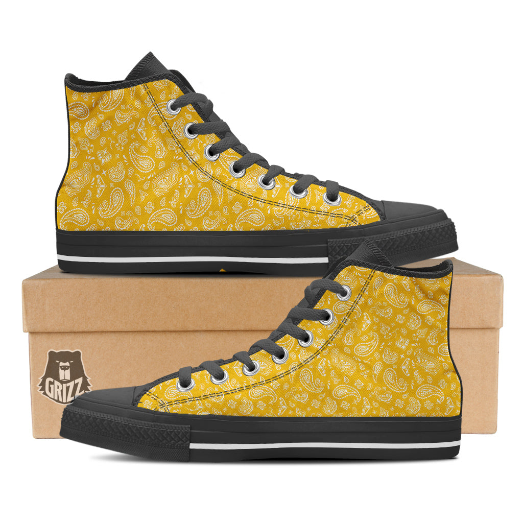 Yellow Paisley Bandana Print Black High Top Shoes-grizzshop