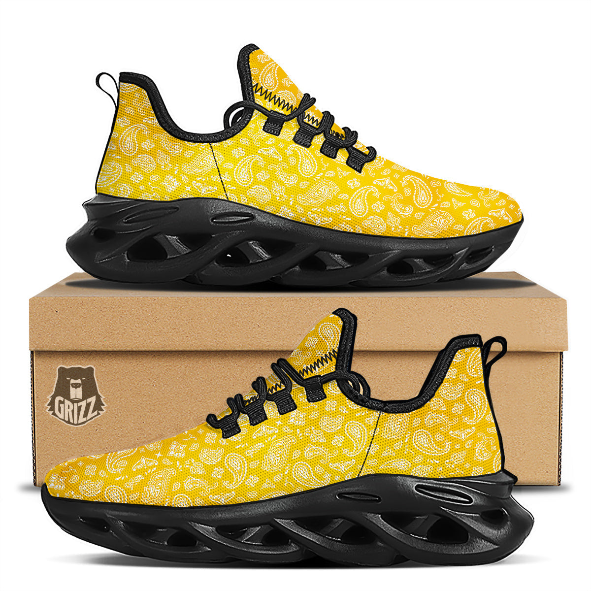 Yellow Paisley Bandana Print Black Running Shoes-grizzshop