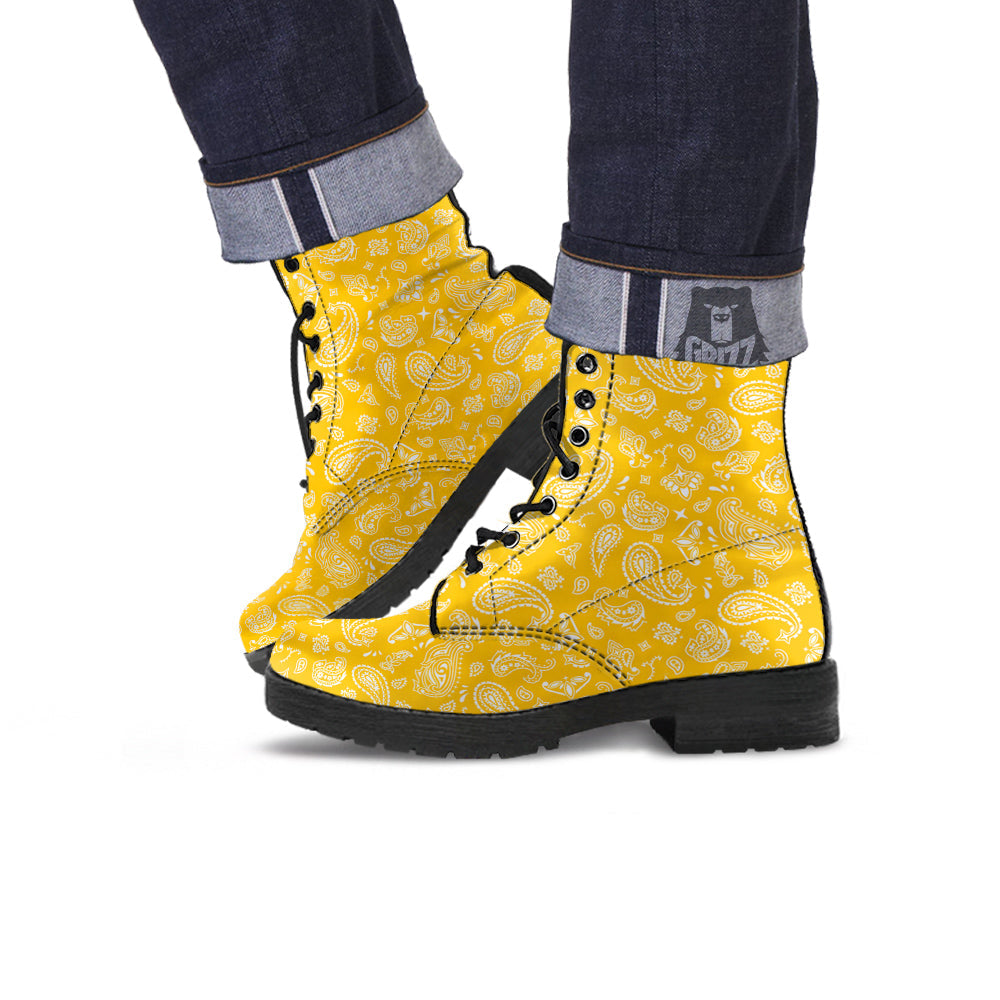 Yellow Paisley Bandana Print Leather Boots-grizzshop