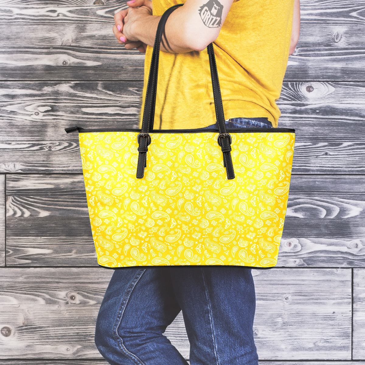 Yellow Paisley Bandana Print Leather Tote Bag-grizzshop