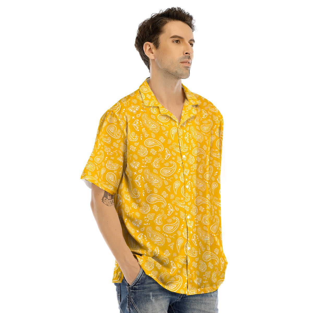 Yellow Paisley Bandana Print Men’s Hawaiian Shirt-grizzshop