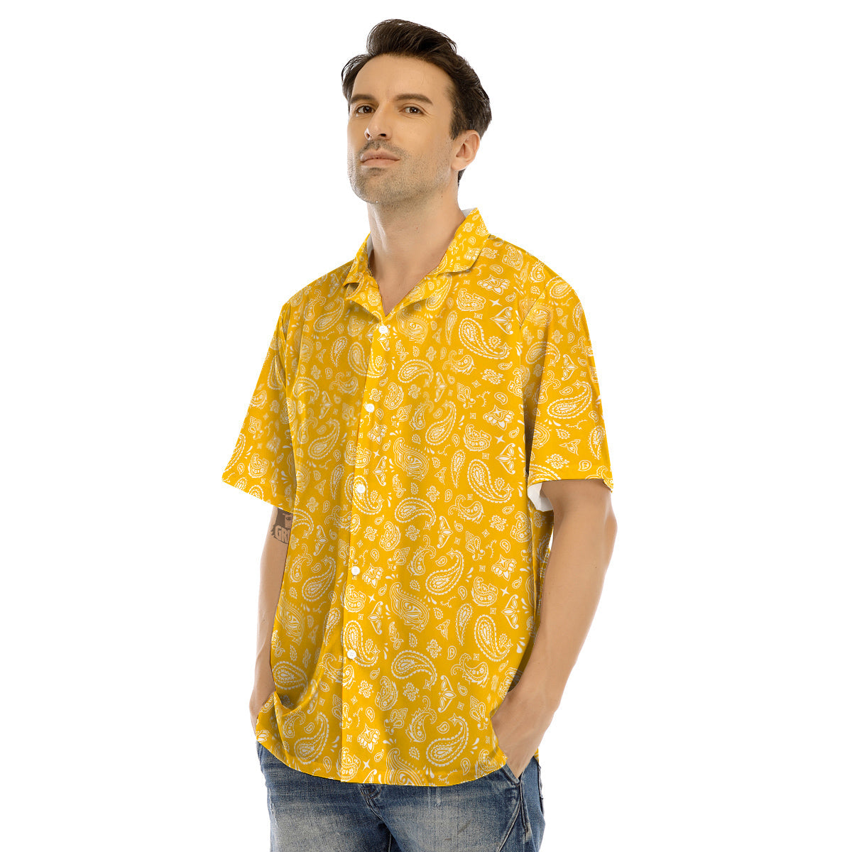 Yellow Paisley Bandana Print Men’s Hawaiian Shirt-grizzshop