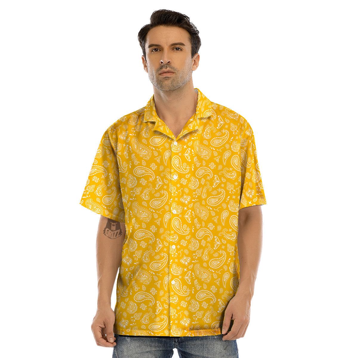 Yellow Paisley Bandana Print Men’s Hawaiian Shirt-grizzshop