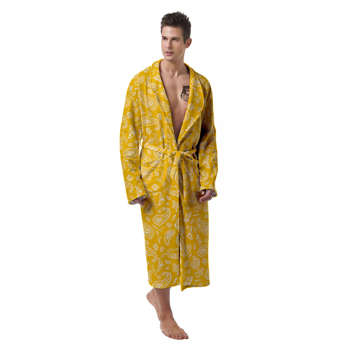 Yellow Paisley Bandana Print Men's Robe-grizzshop