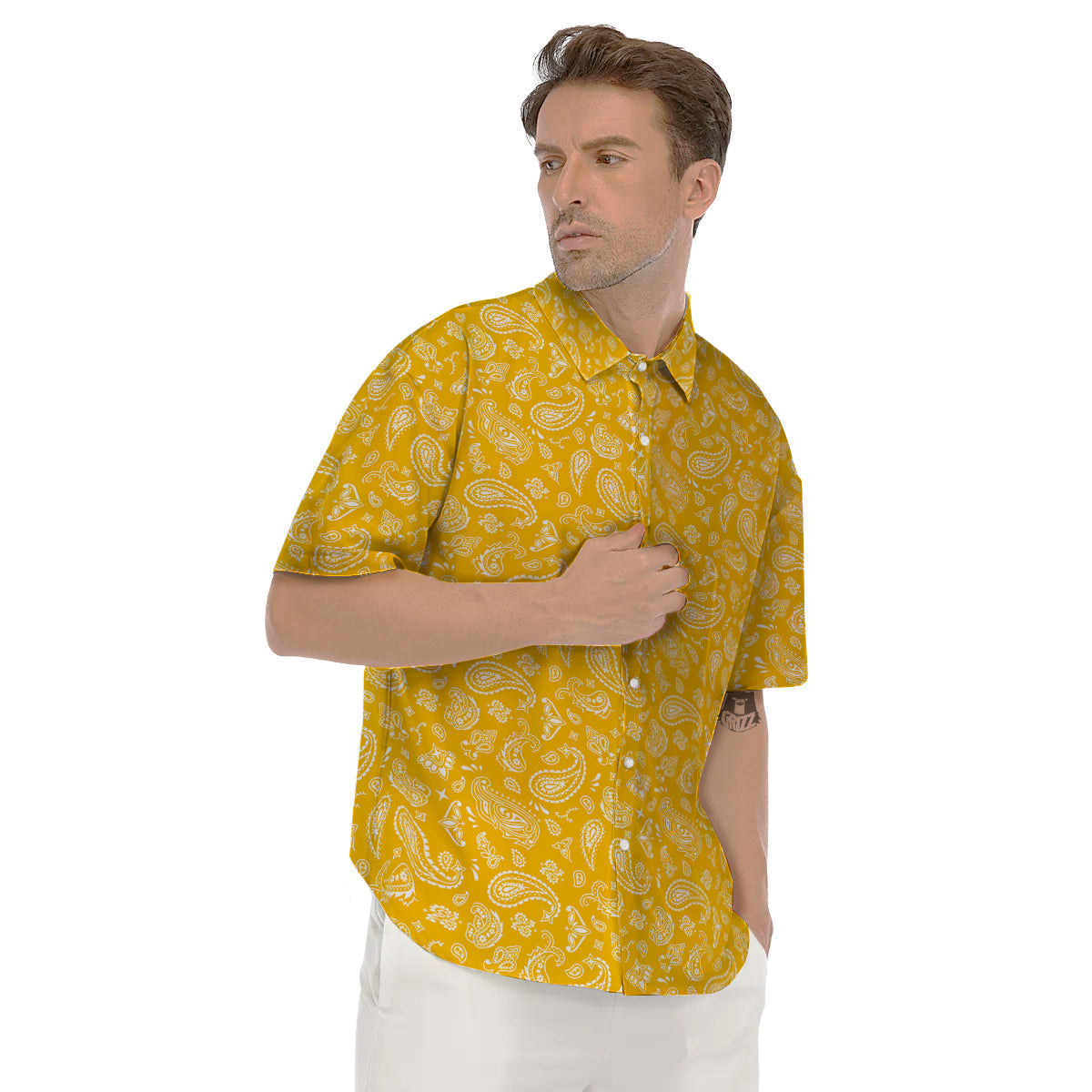 Yellow Paisley Bandana Print Men's Short Sleeve Shirts-grizzshop