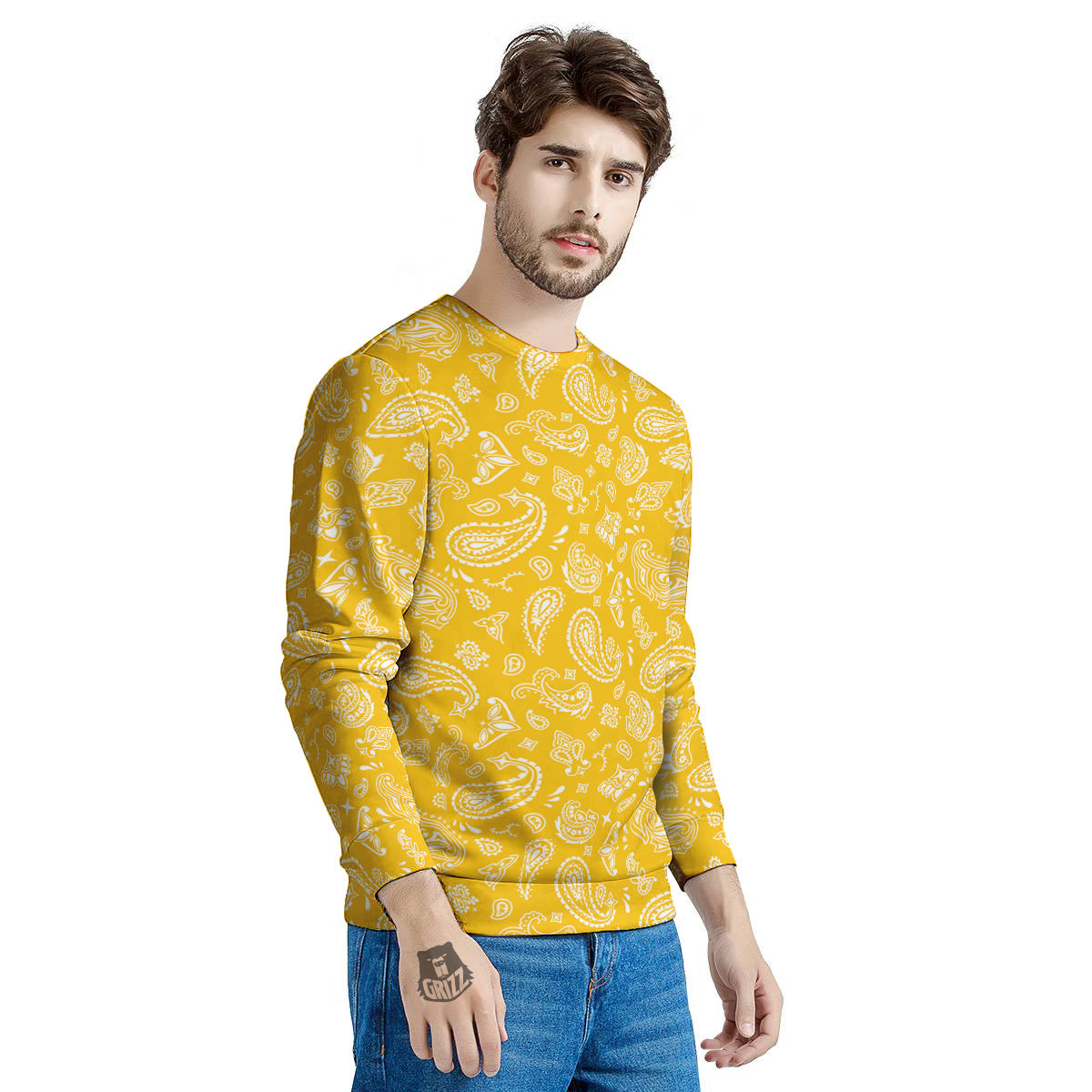 Yellow Paisley Bandana Print Men's Sweatshirt-grizzshop