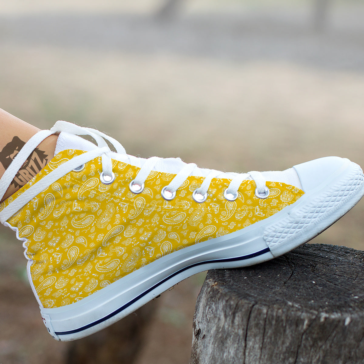 Yellow Paisley Bandana Print White High Top Shoes-grizzshop