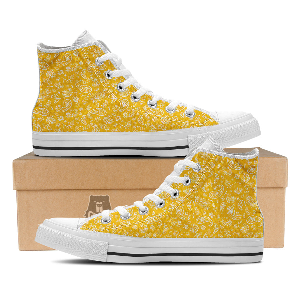 Yellow Paisley Bandana Print White High Top Shoes-grizzshop