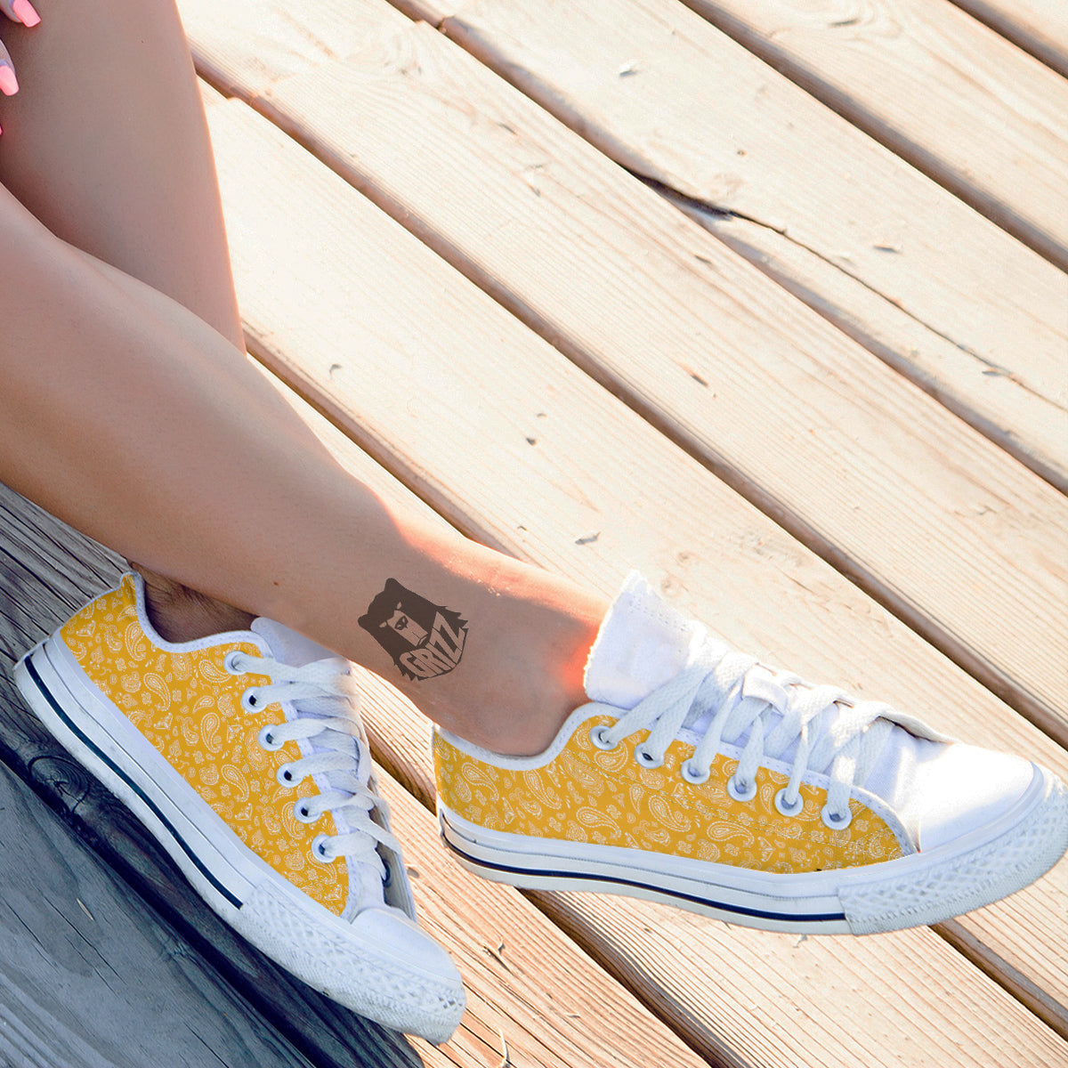 Yellow Paisley Bandana Print White Low Top Shoes-grizzshop