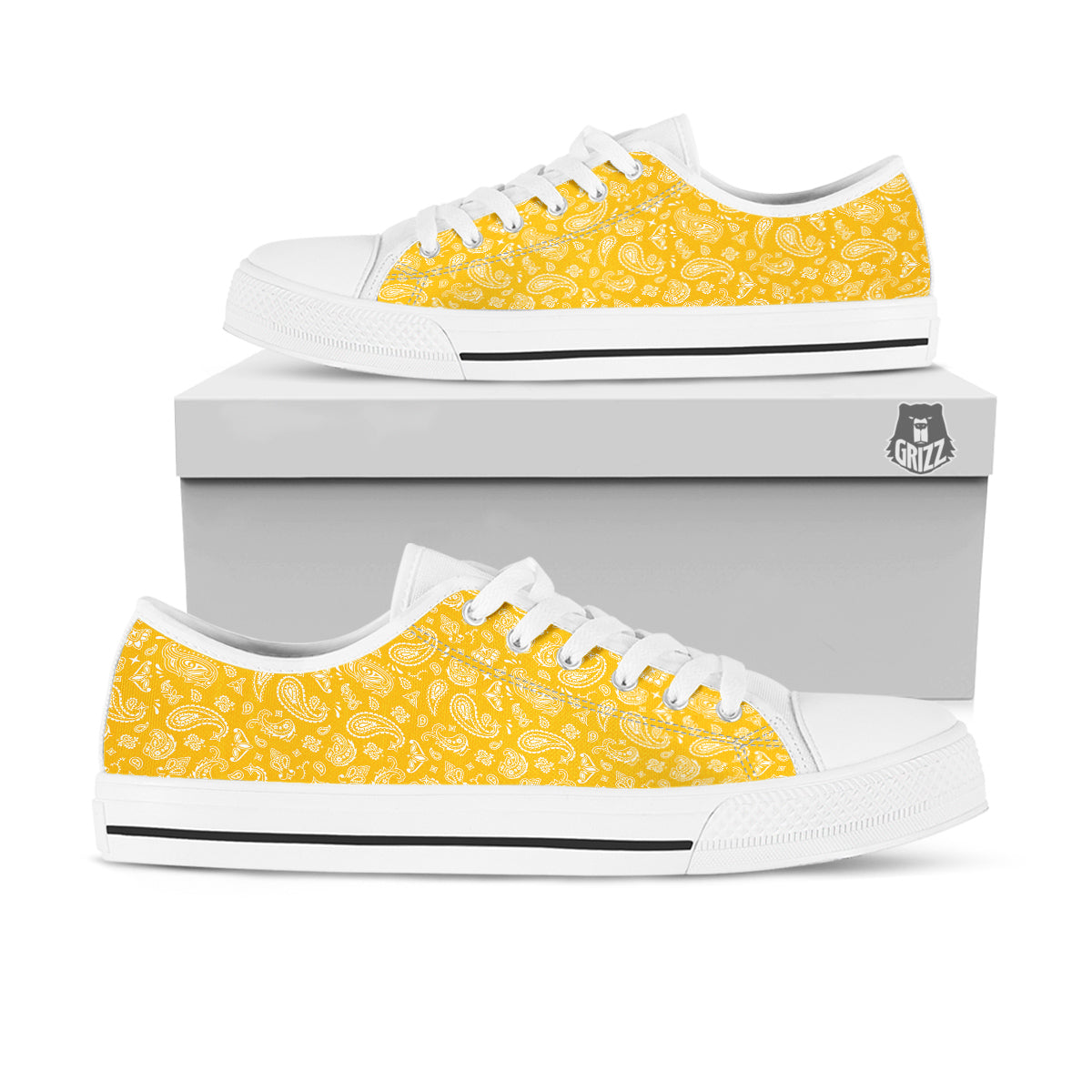 Yellow Paisley Bandana Print White Low Top Shoes-grizzshop