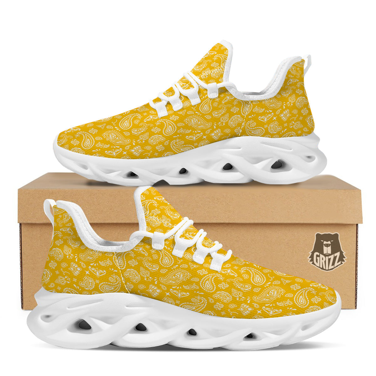 Yellow Paisley Bandana Print White Running Shoes-grizzshop