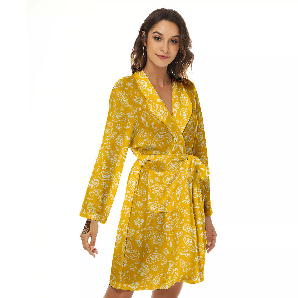 Yellow Paisley Bandana Print Women's Robe-grizzshop