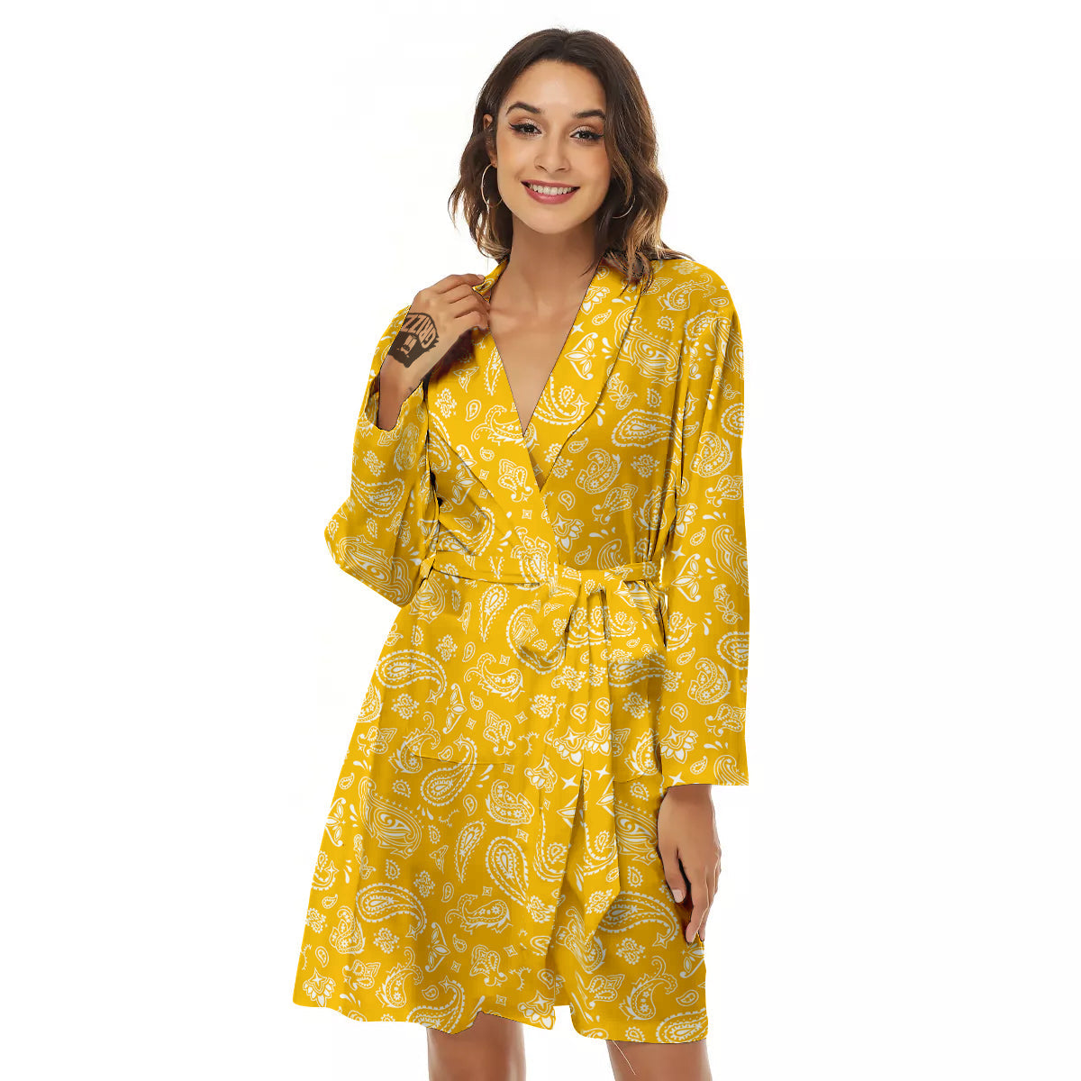 Yellow Paisley Bandana Print Women's Robe-grizzshop