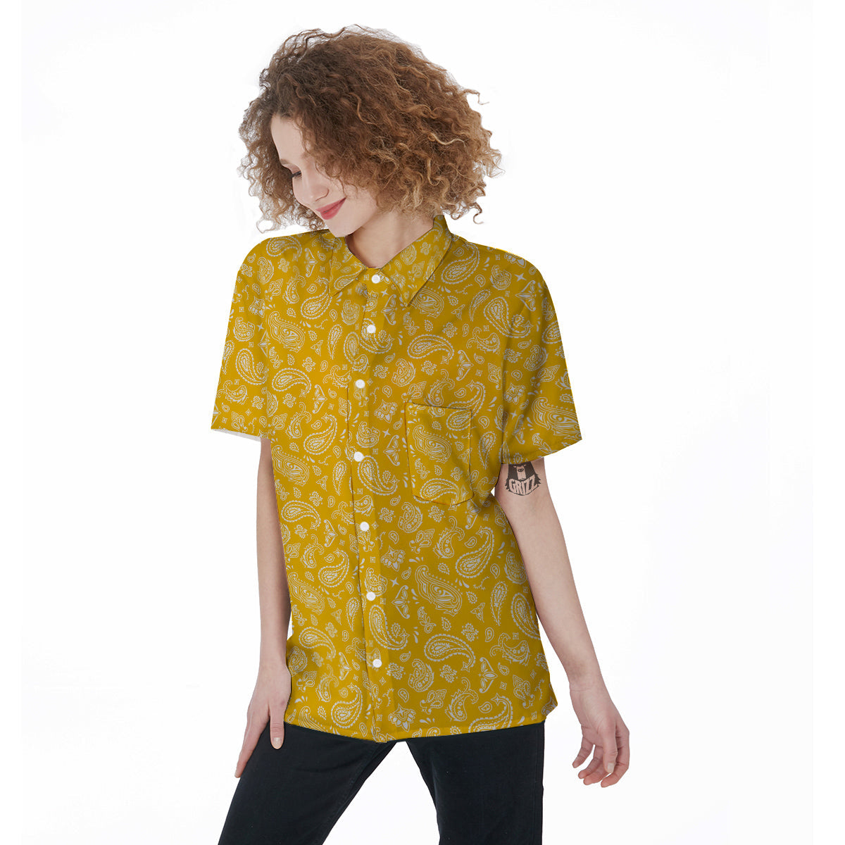 Yellow Paisley Bandana Print Women's Short Sleeve Shirts-grizzshop