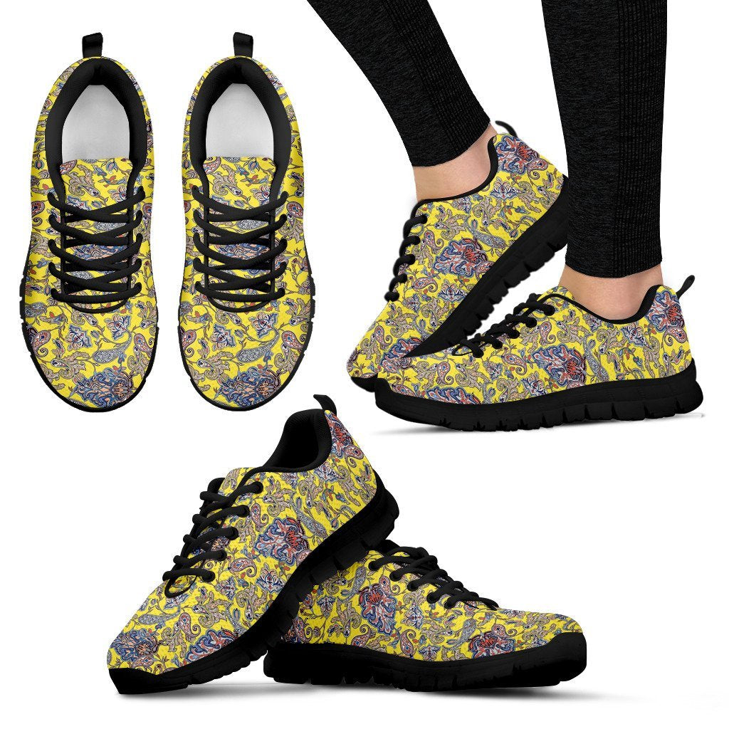 Yellow Paisley Pattern Print Black Sneaker Shoes For Men Women-grizzshop