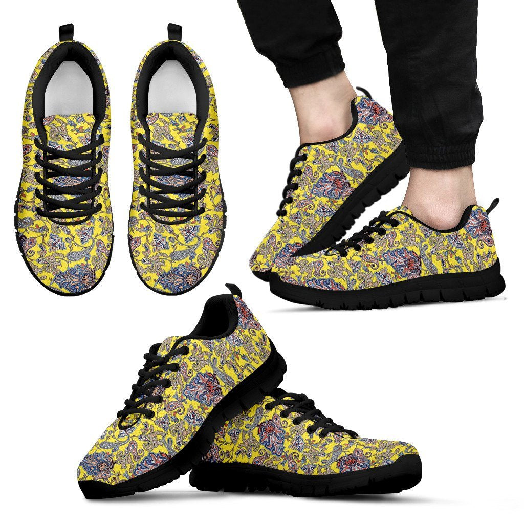 Yellow Paisley Pattern Print Black Sneaker Shoes For Men Women-grizzshop