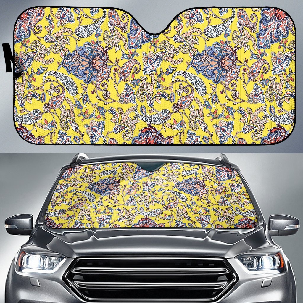 Yellow Paisley Pattern Print Car Sun Shade-grizzshop