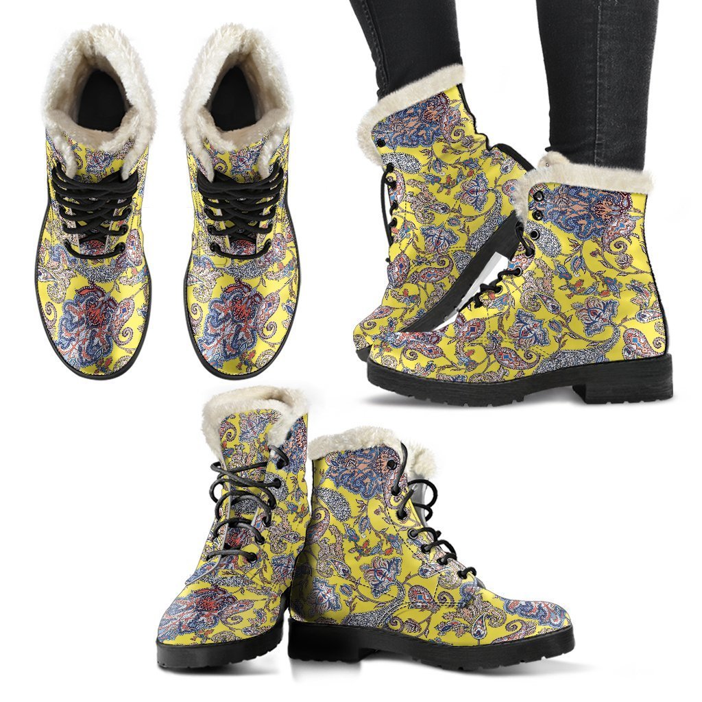 Yellow Paisley Pattern Print Comfy Winter Boots-grizzshop