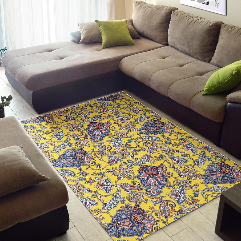 Yellow Paisley Pattern Print Floor Mat-grizzshop