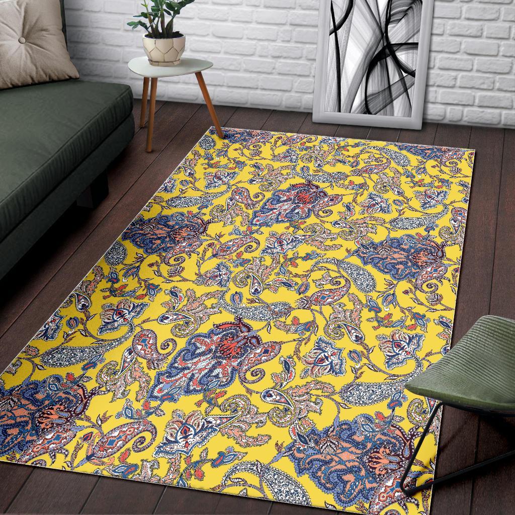 Yellow Paisley Pattern Print Floor Mat-grizzshop